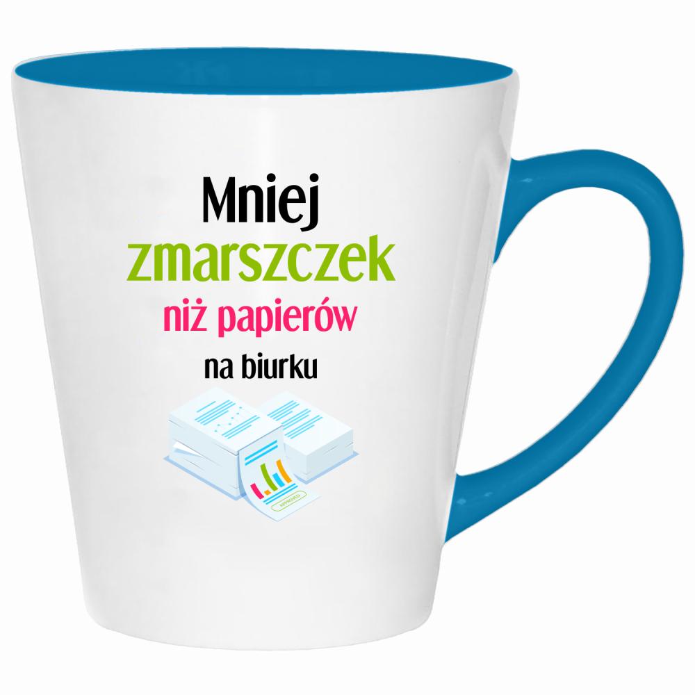 Mniej zmarszczek niż papierów na biurku kubek latte kolor turkus