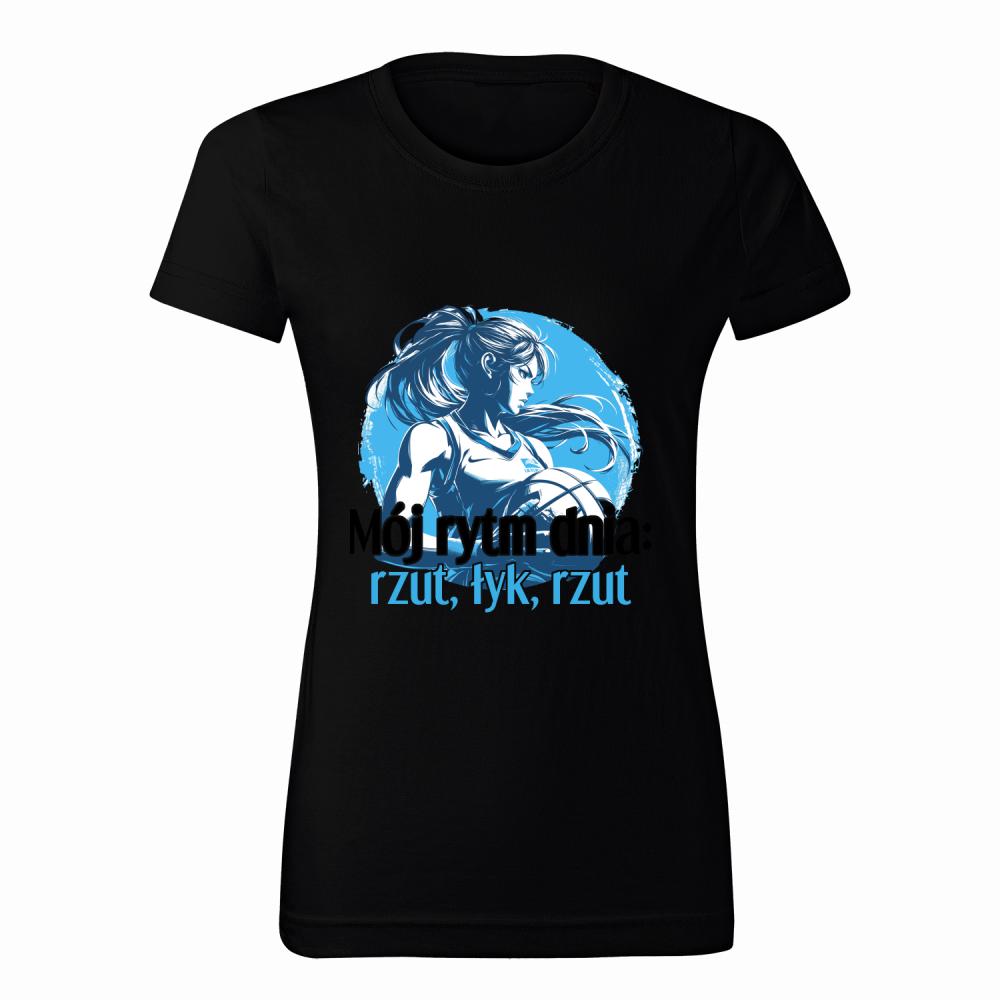 Mój rytm dnia: rzut, łyk, rzut koszulka damska kolor czarny