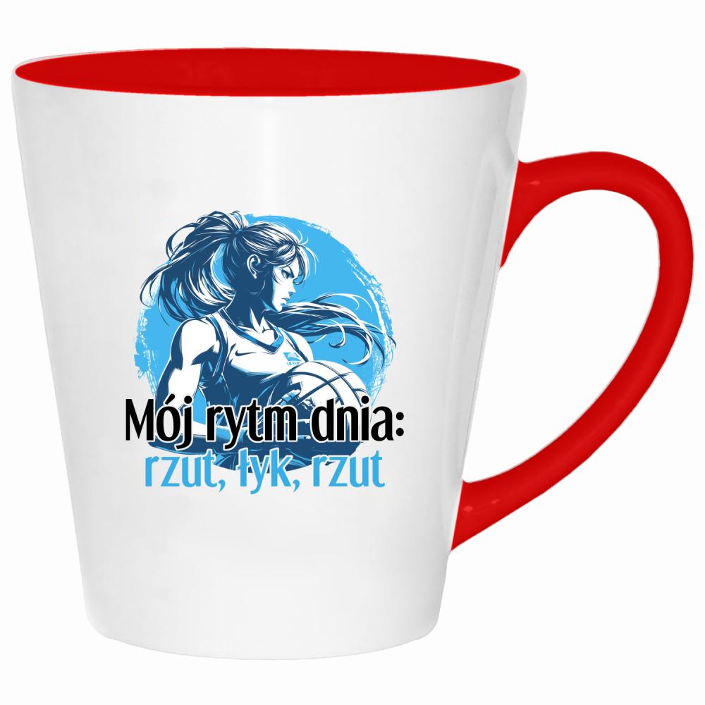 Mój rytm dnia: rzut, łyk, rzut kubek latte kolor czerwony latte