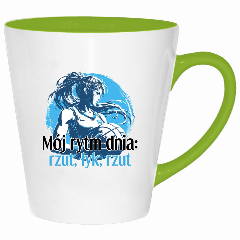 Mój rytm dnia: rzut, łyk, rzut kubek latte kolor limonka