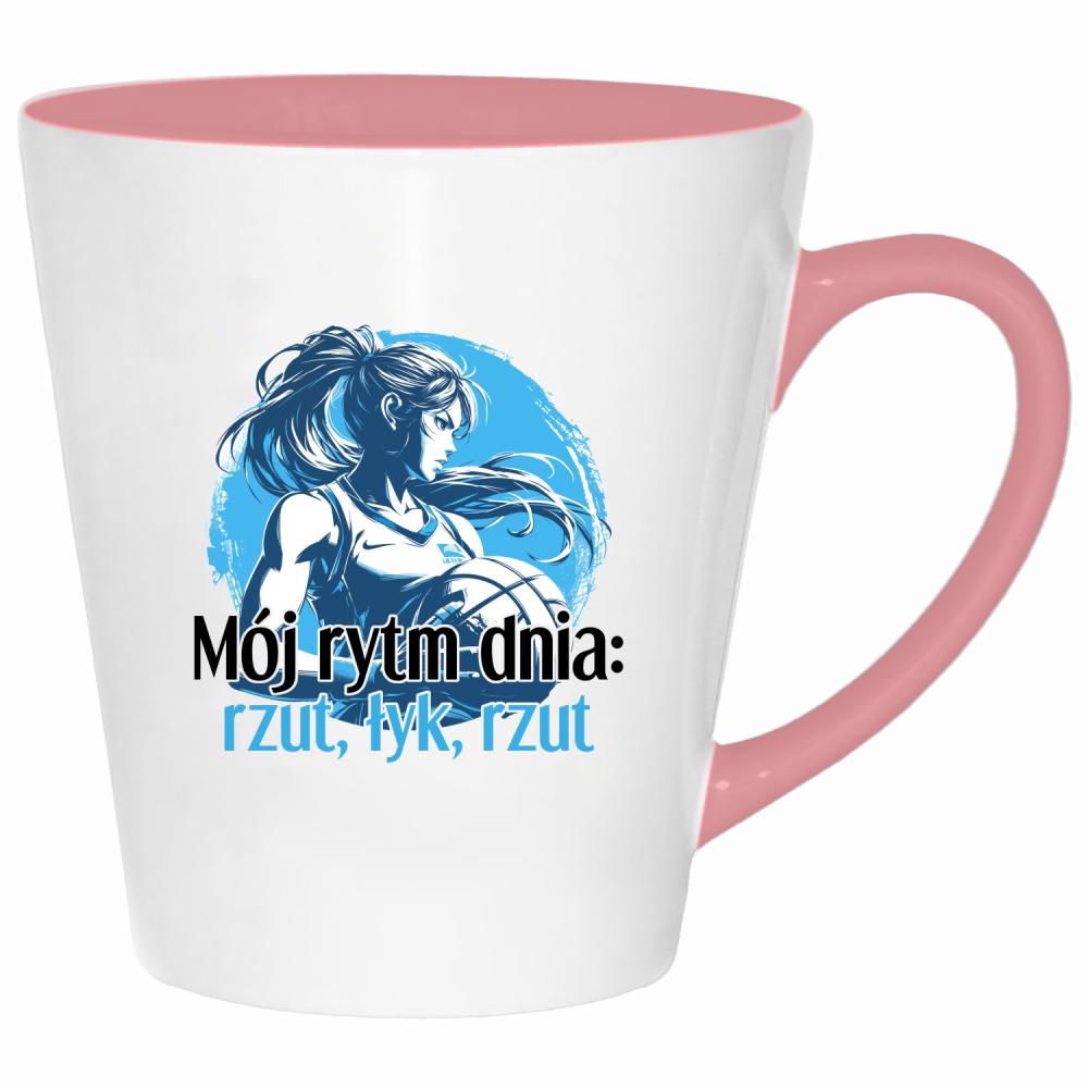 Mój rytm dnia: rzut, łyk, rzut kubek latte kolor pink