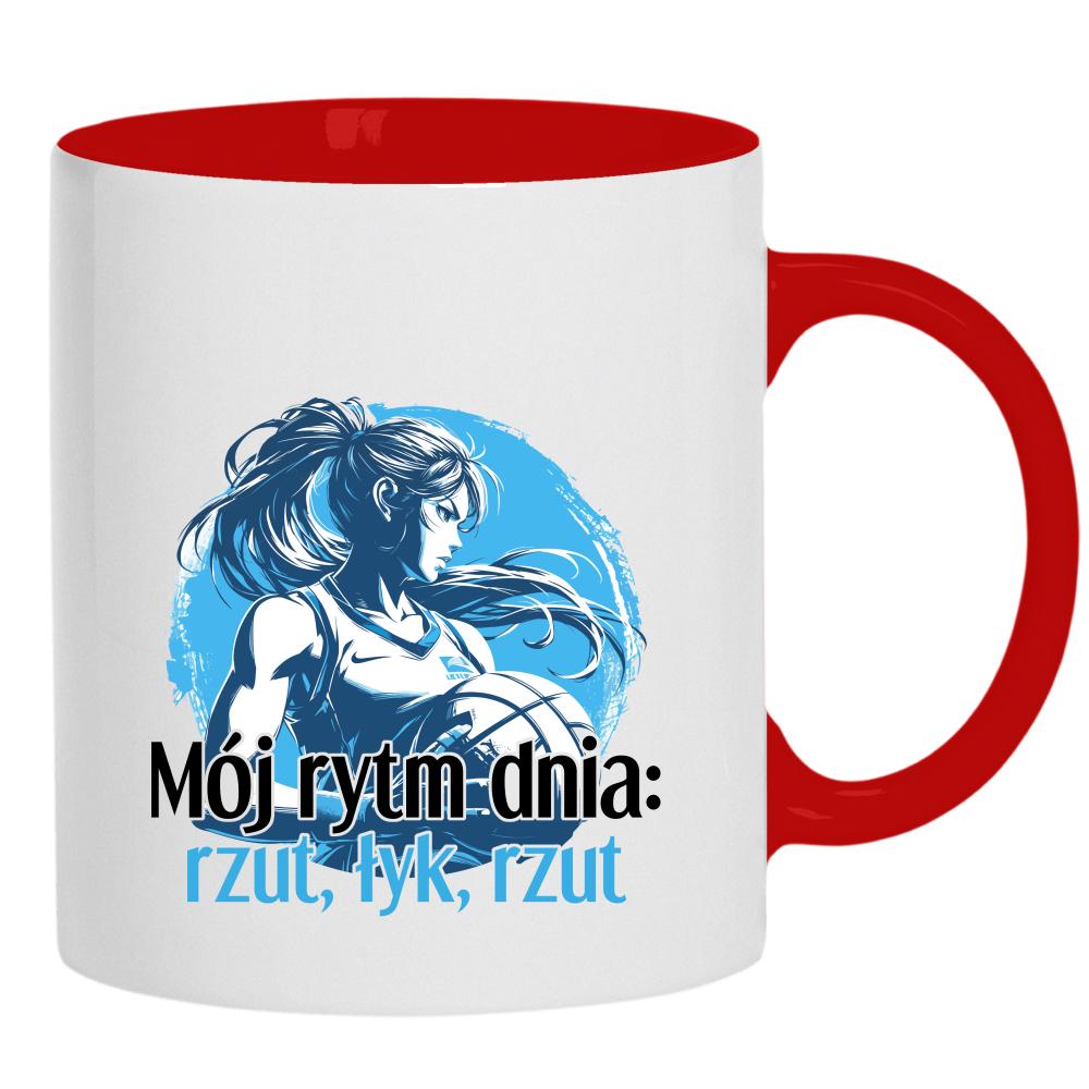 Mój rytm dnia: rzut, łyk, rzut kubek ucho kolor kolor czerwony latte