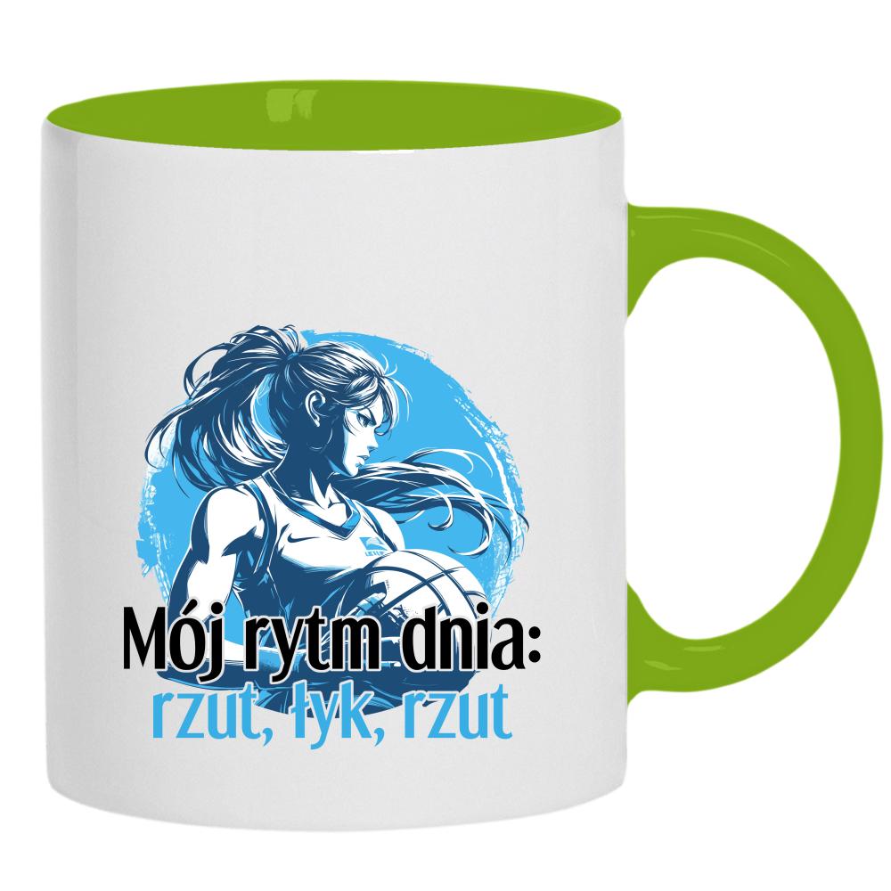 Mój rytm dnia: rzut, łyk, rzut kubek ucho kolor kolor zielony