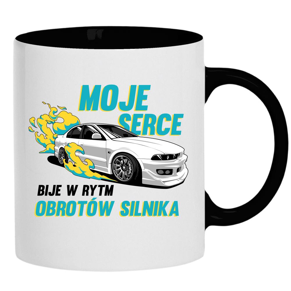 Moje serce bije w rytm obrotów kubek ucho kolor kolor czarnyy