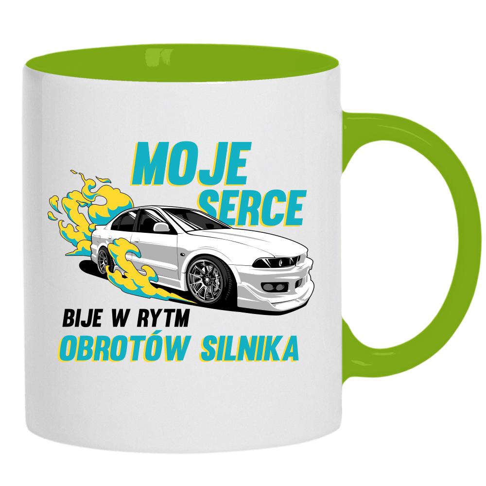 Moje serce bije w rytm obrotów kubek ucho kolor kolor zielony