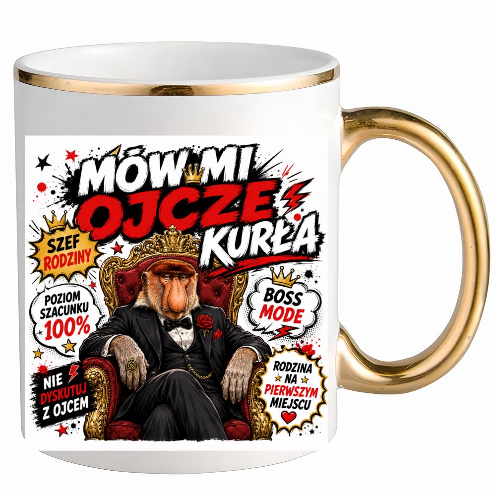 Mów mi ojcze, kurła kubek ze złotym uchem i rantem kolor biały