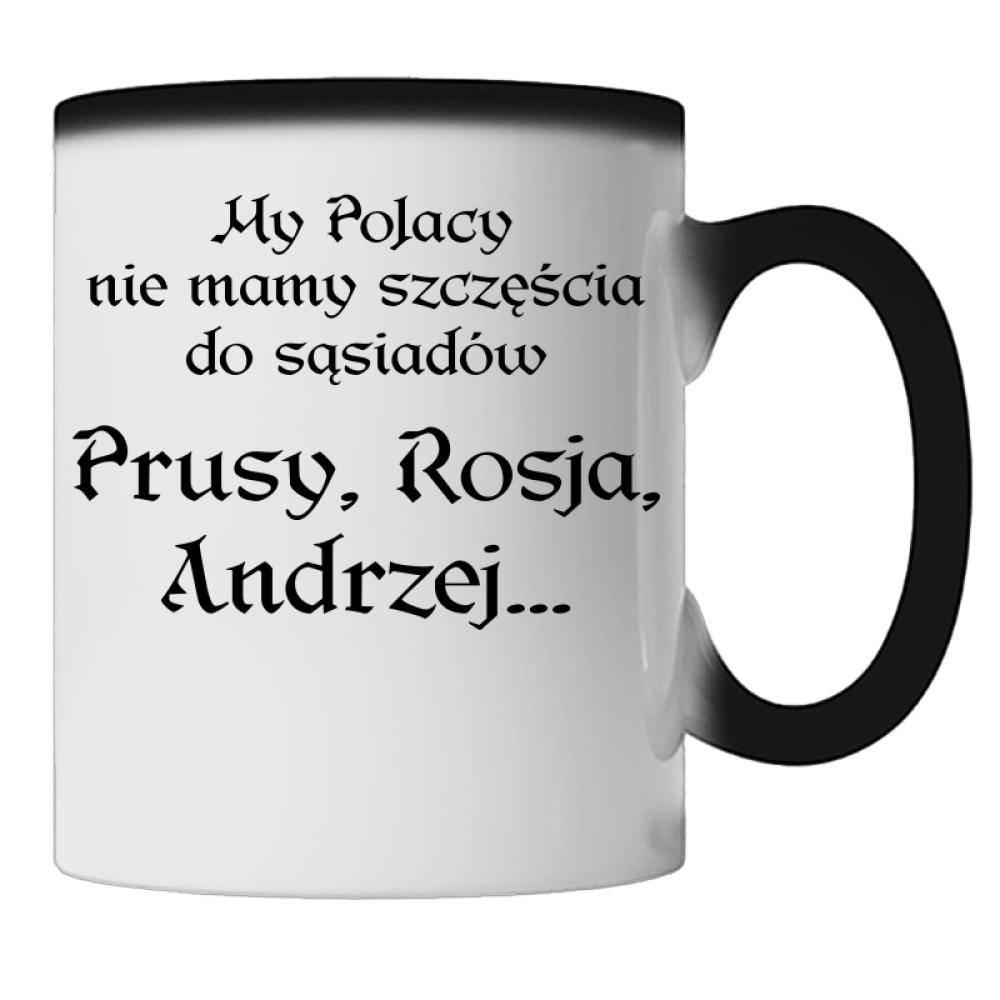 My Polacy nie mamy szczęścia do sąsiadów kubek magiczny kolor pastelowy fiolet