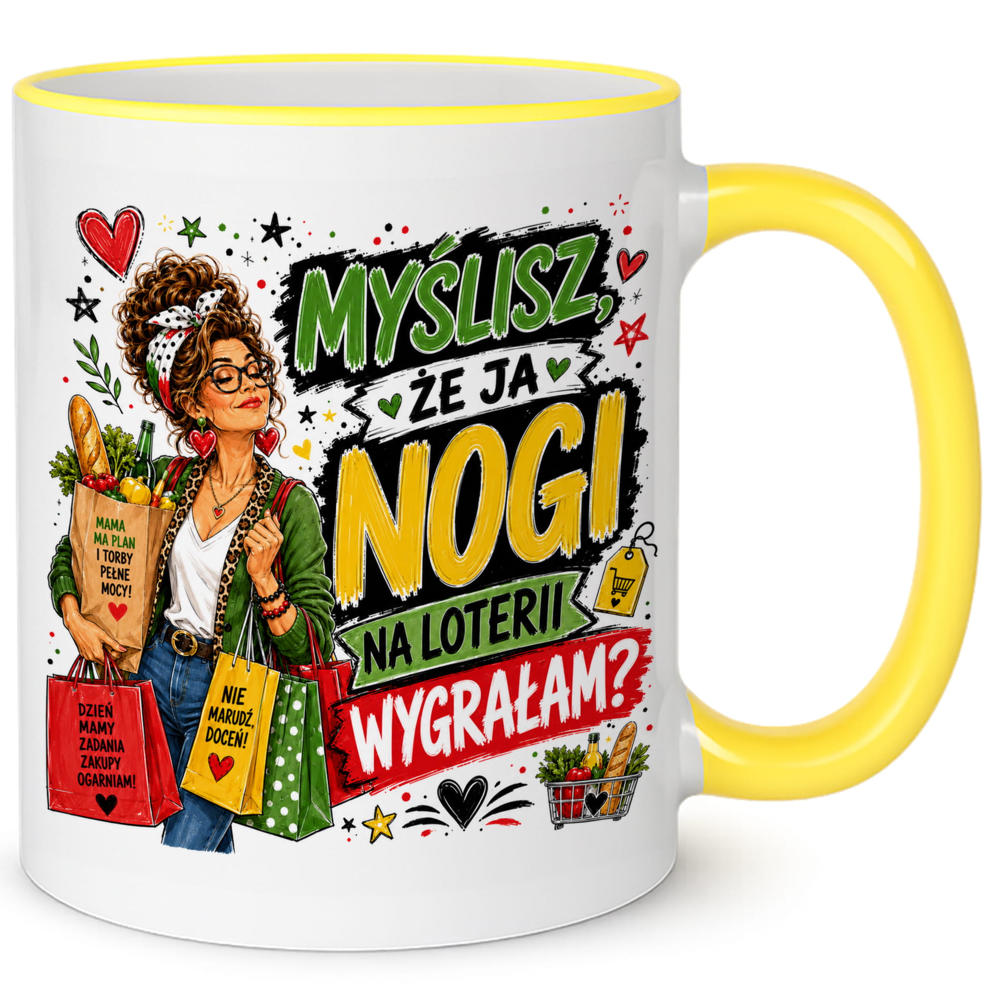 Myślisz, że ja nogi na loterii wygrałam? kubek żółty uchwyt i rant kolor żółty