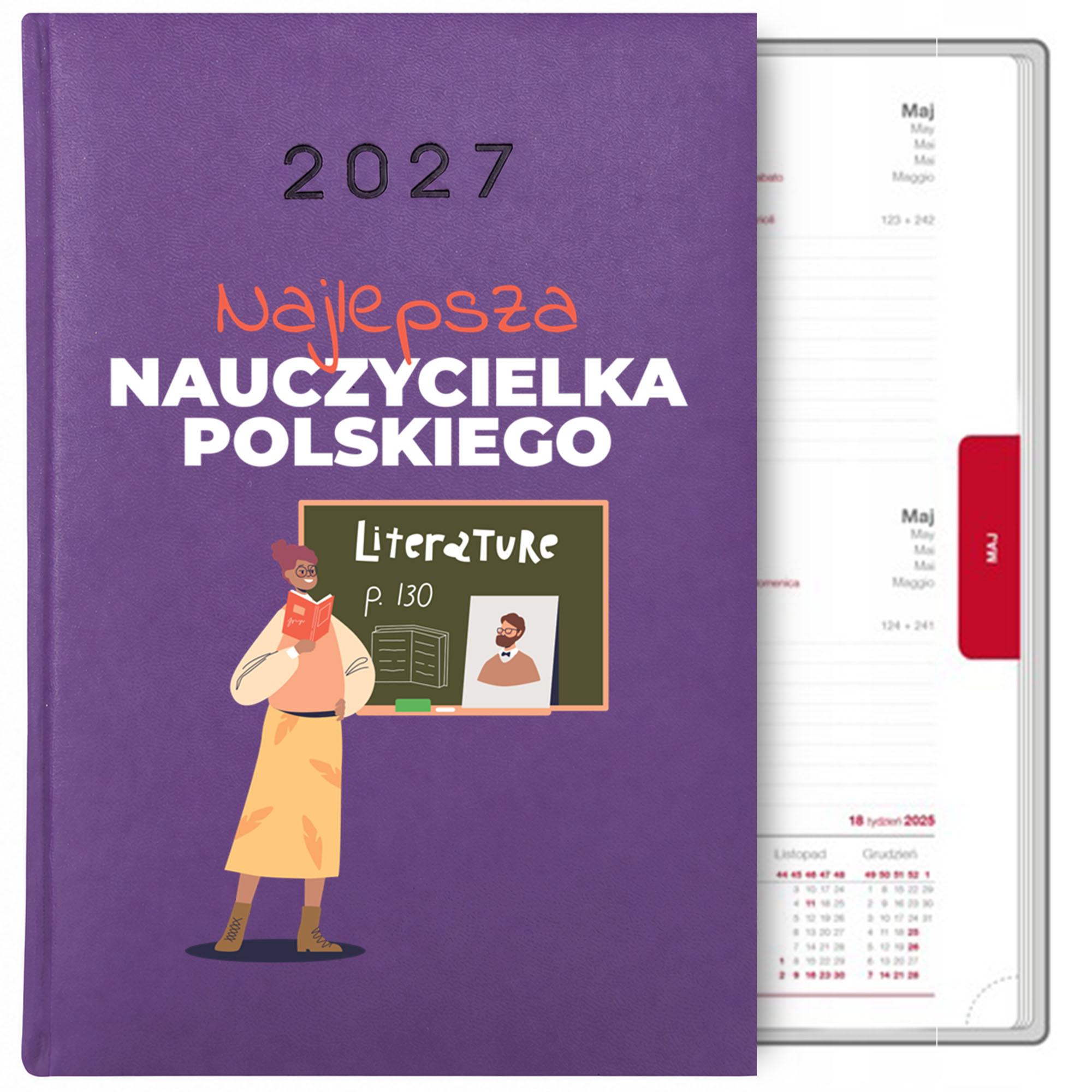 Najlepsza nauczycielka polskiego kalendarz książkowy a5 2027 kolor fioletowy
