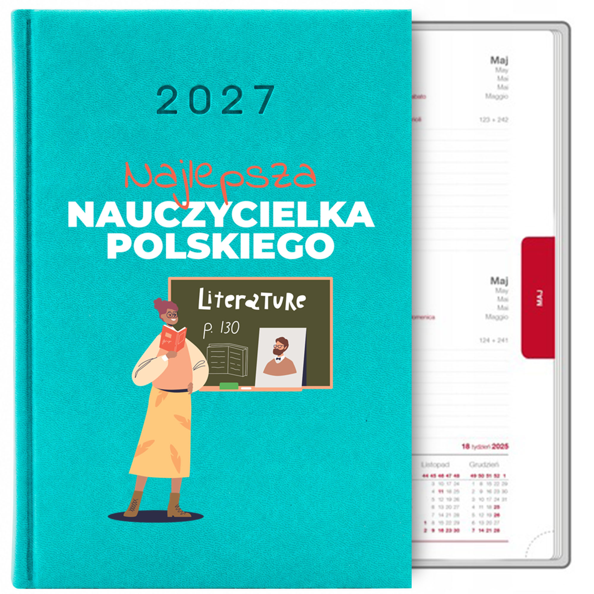 Najlepsza nauczycielka polskiego kalendarz książkowy a5 2027 kolor turkusowy