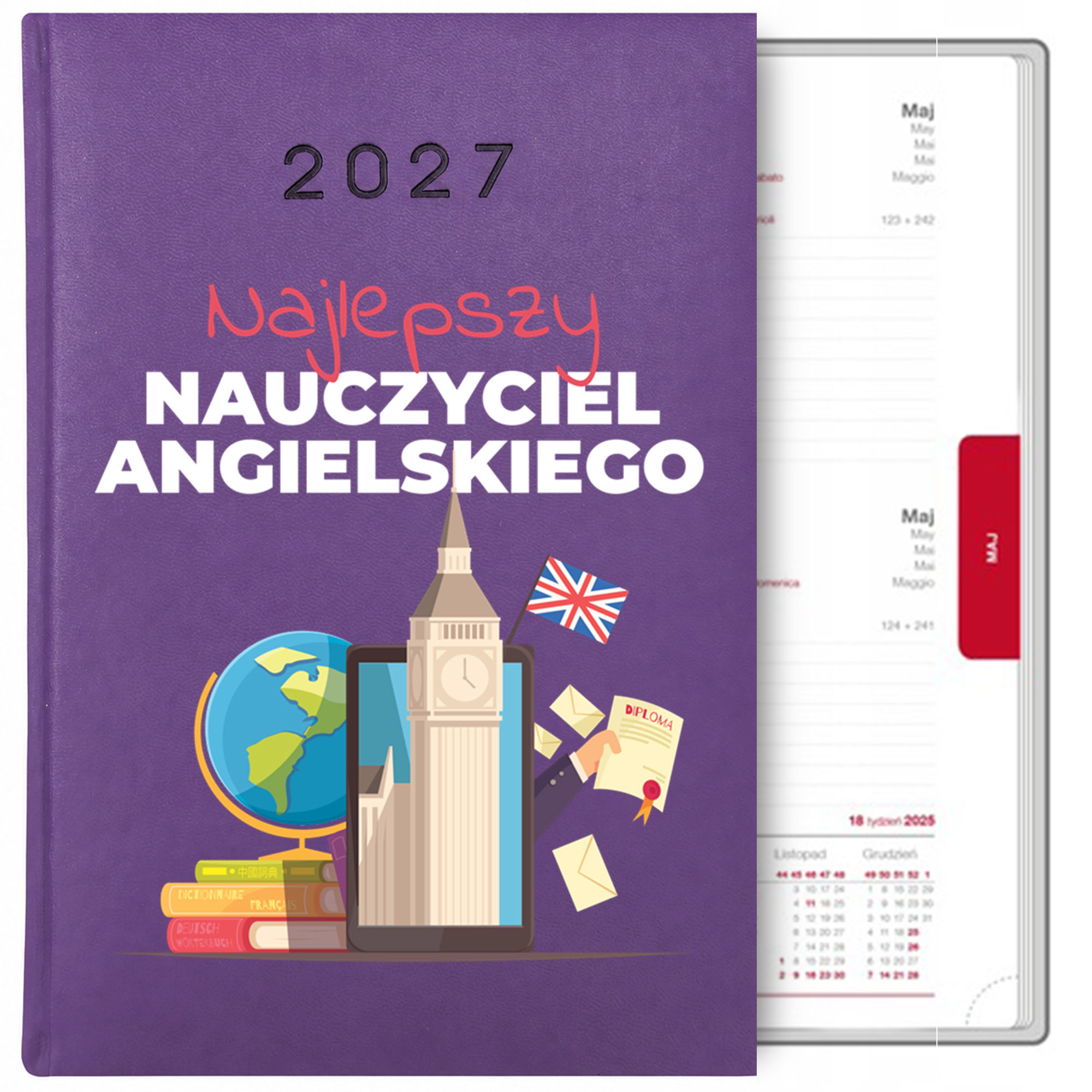 Najlepszy nauczyciel angielskiego kalendarz książkowy a5 2027 kolor fioletowy