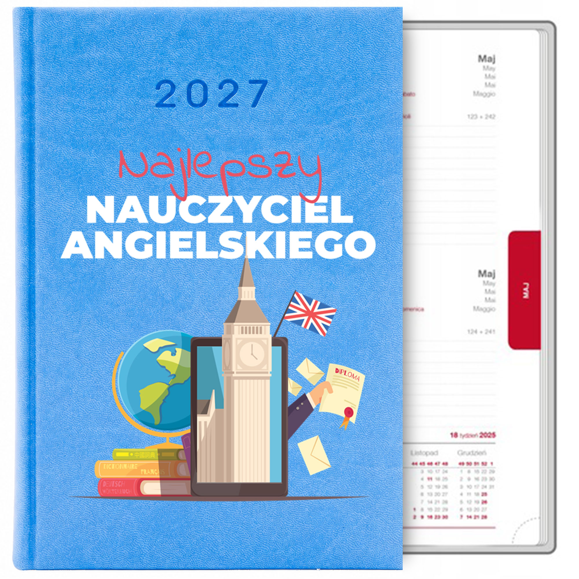 Najlepszy nauczyciel angielskiego kalendarz książkowy a5 2027 kolor kalendarz niebieski
