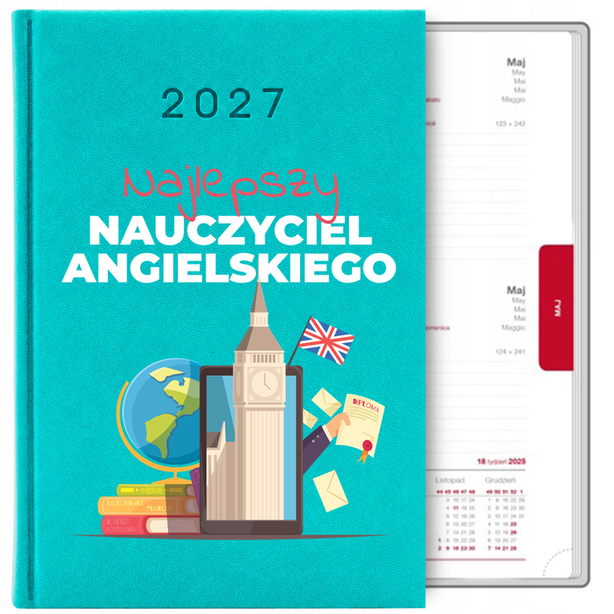 Najlepszy nauczyciel angielskiego kalendarz książkowy a5 2027 kolor turkusowy