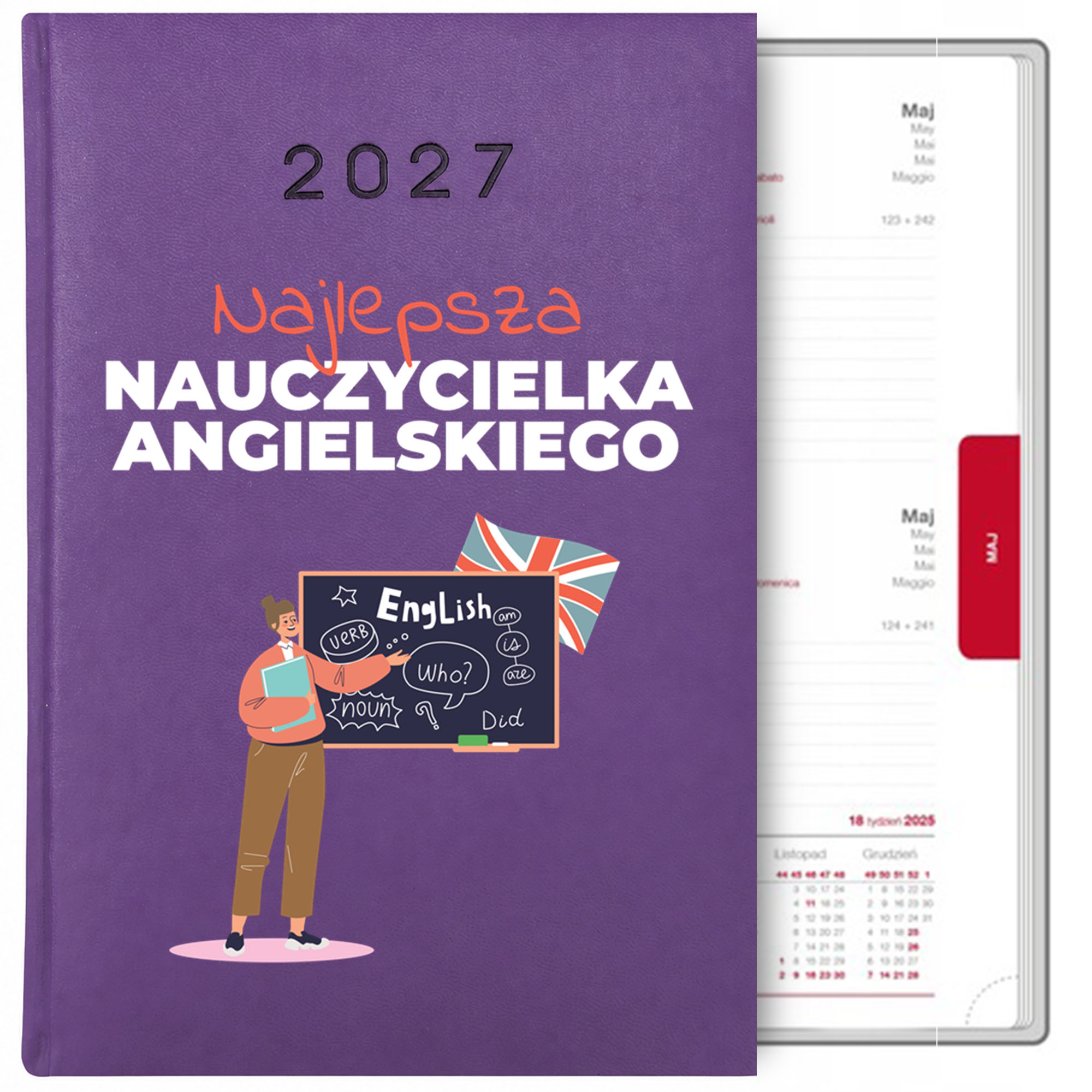 Najlepszy nauczyciel J.Angielskiego kalendarz książkowy a5 2027 kolor fioletowy