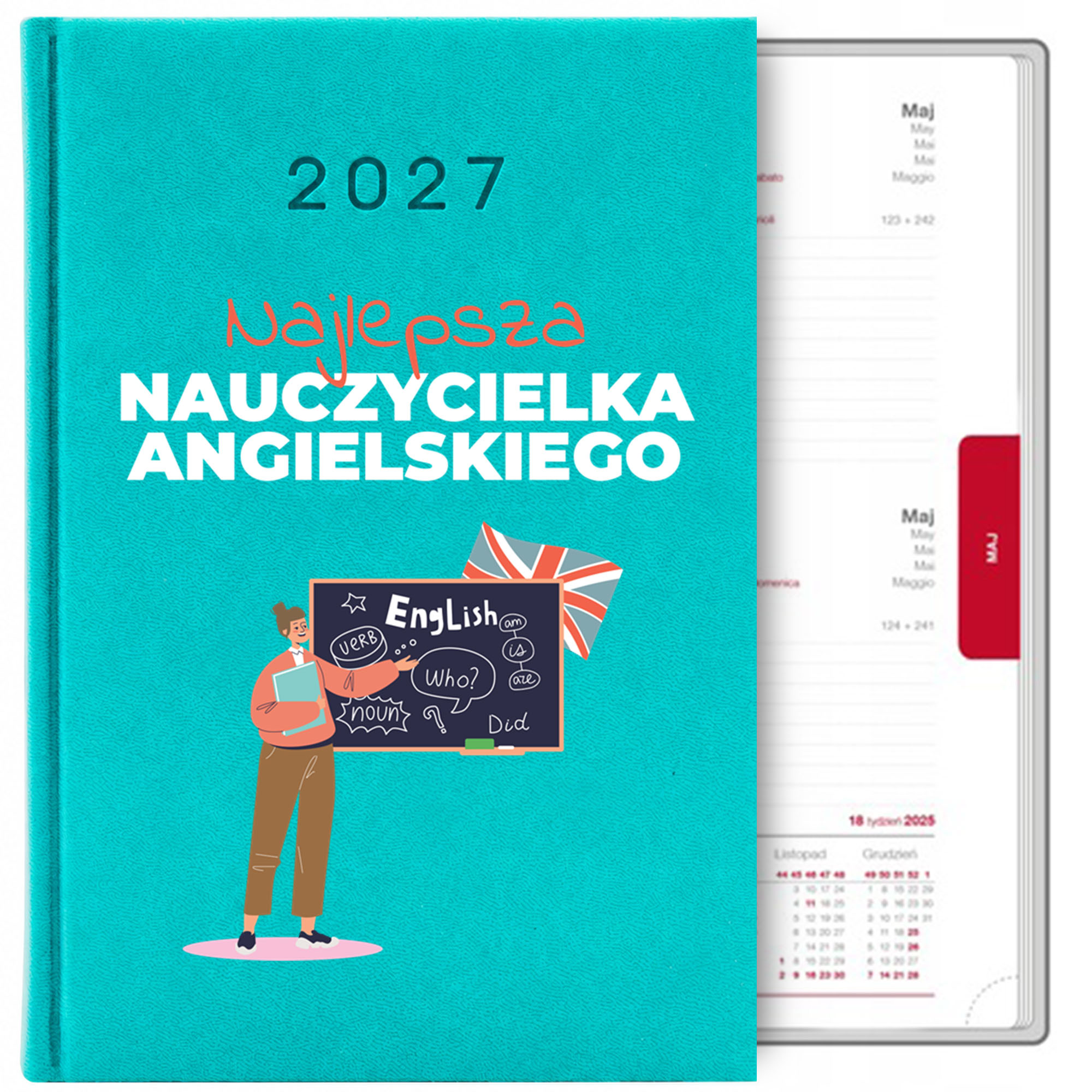 Najlepszy nauczyciel J.Angielskiego kalendarz książkowy a5 2027 kolor turkusowy
