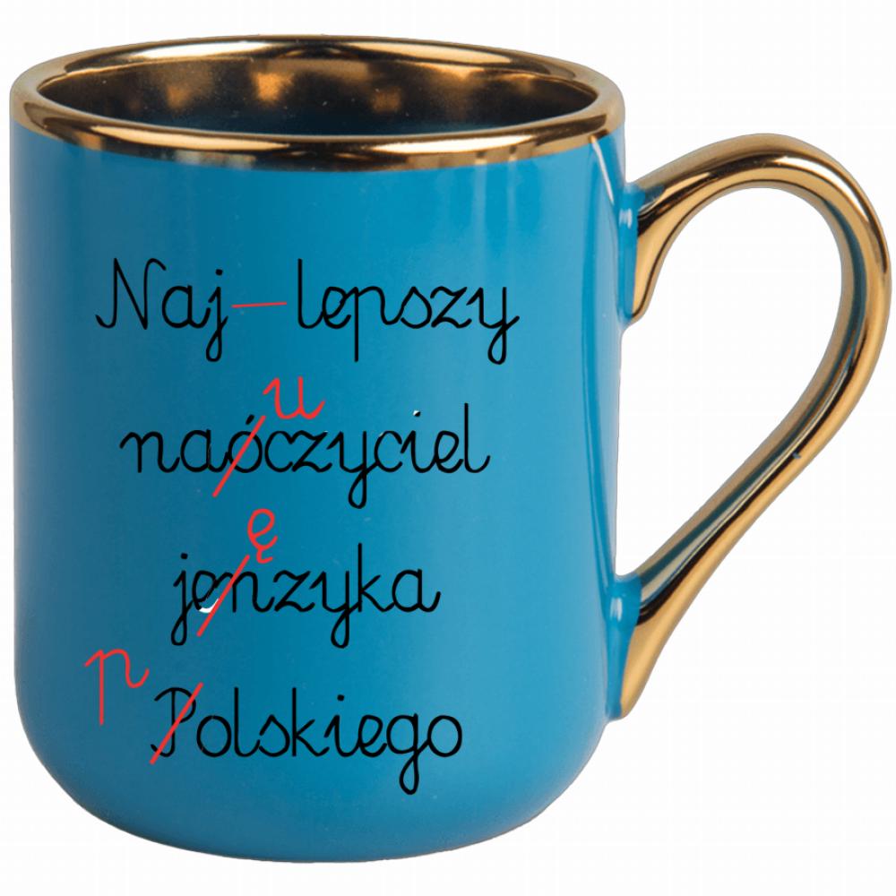 Najlepszy nauczyciel języka polskiego kubek elegant niebieski kolor czarnyy