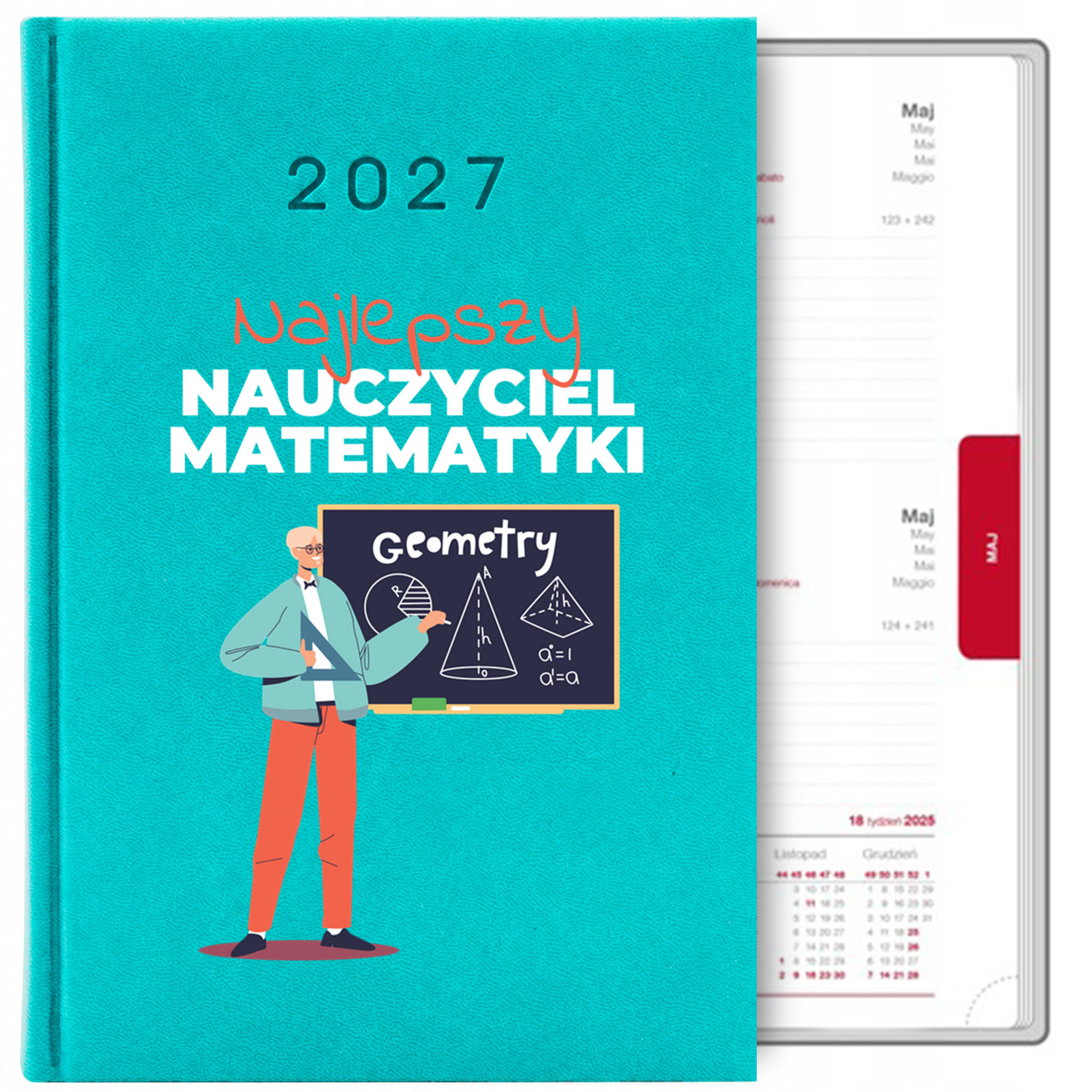 Najlepszy nauczyciel matematyki kalendarz książkowy a5 2027 kolor turkusowy