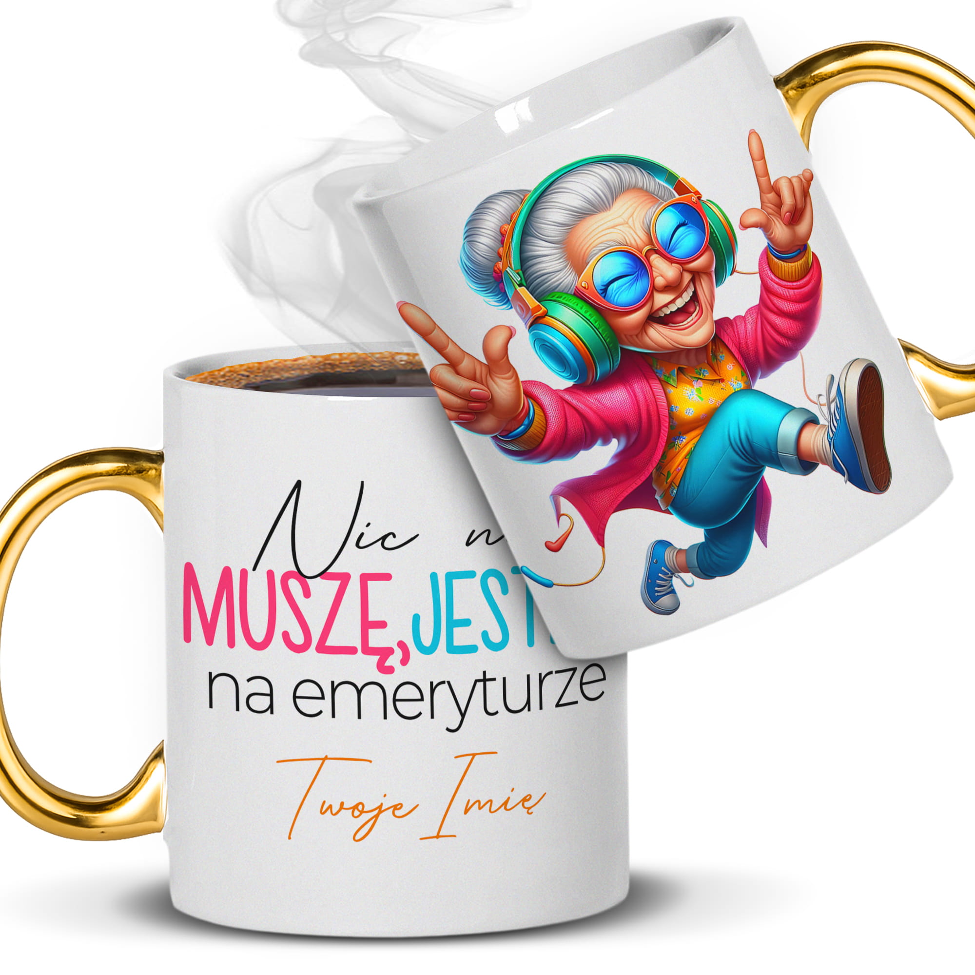 Nic nie muszę, jestem na emeryturze 3 kubek ucho złote kolor złoty
