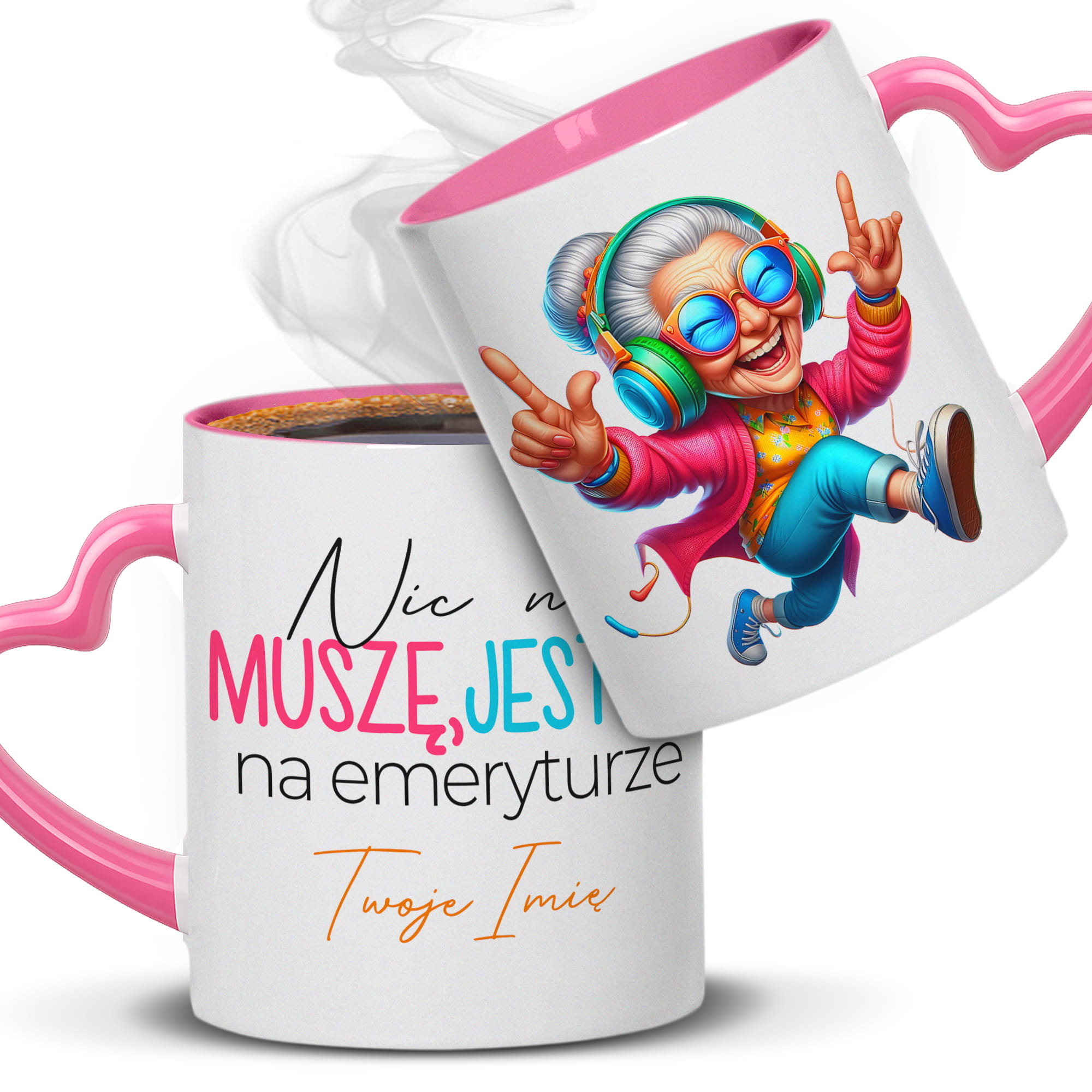 Nic nie muszę, jestem na emeryturze 3 kubek uchwyt serce kolor serce różowe