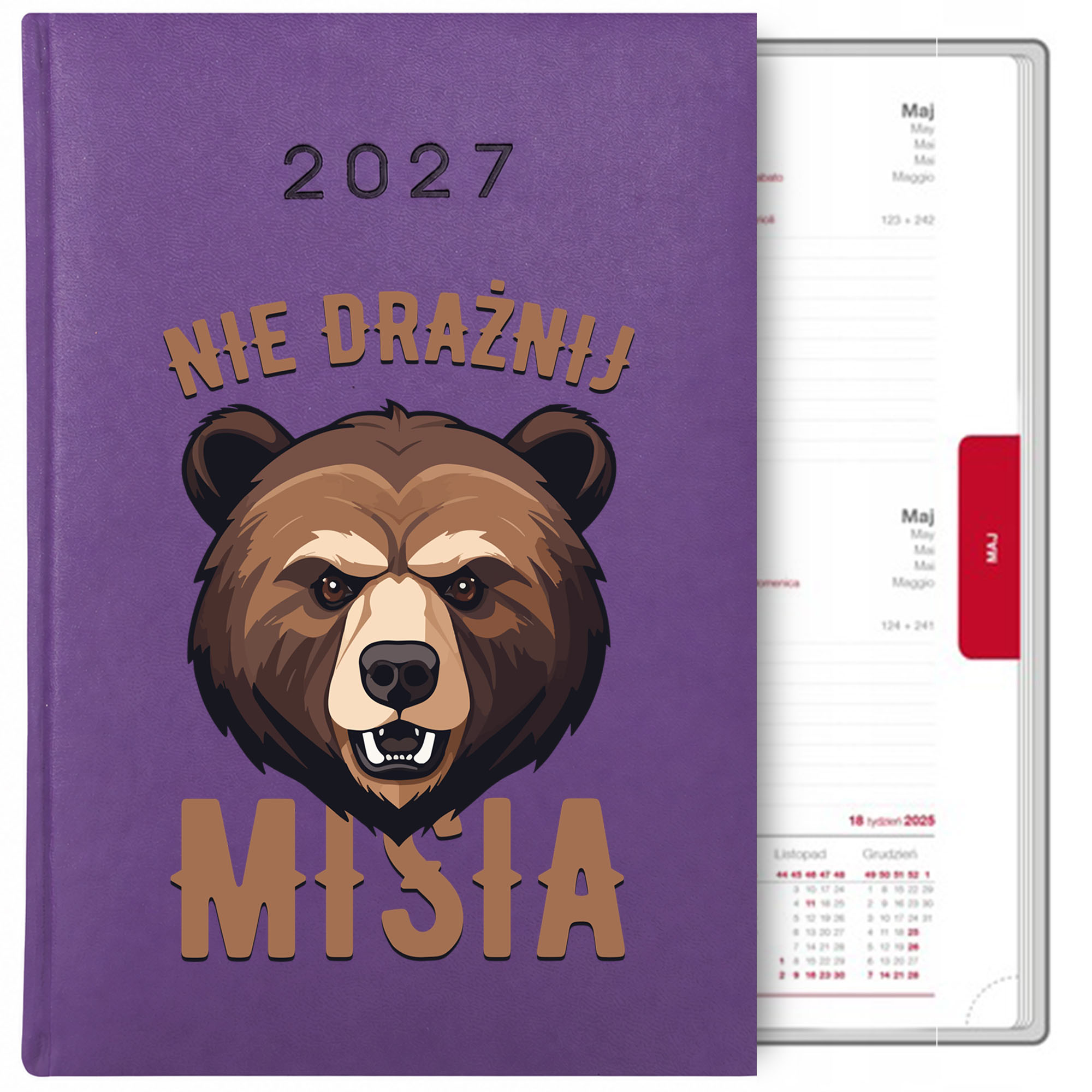 Nie drażnij misia kalendarz książkowy a5 2027 kolor fioletowy