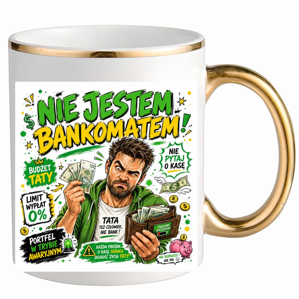 Nie jestem bankomatem kubek ze złotym uchem i rantem kolor jasnoniebieski