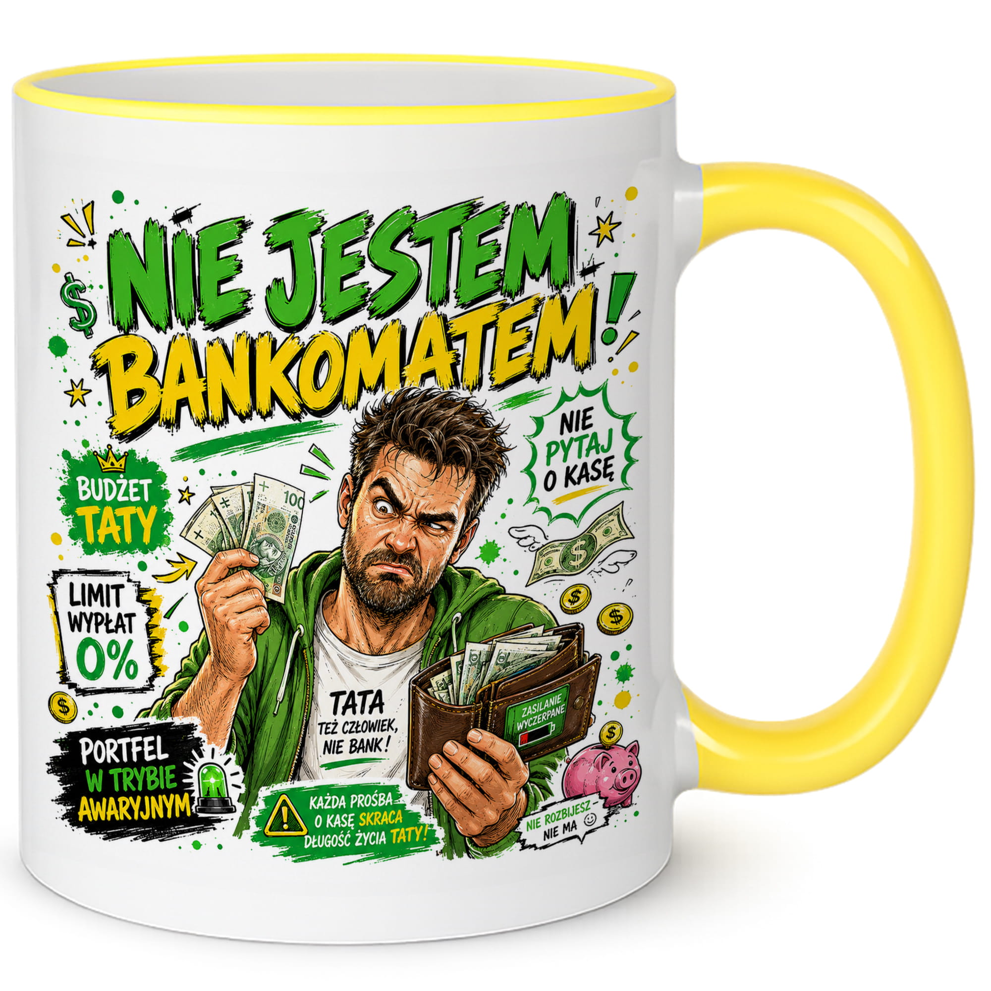 Nie jestem bankomatem kubek żółty uchwyt i rant kolor żółty
