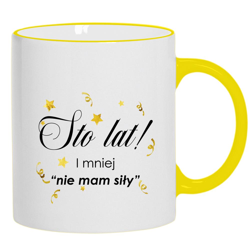 Nie mam siły nie mam siły kubek żółty uchwyt i rant kolor czerwony latte