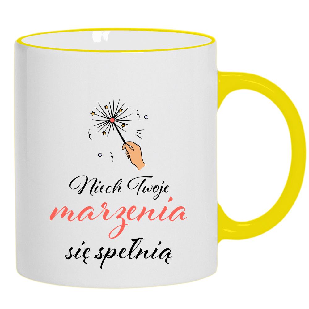 Niech Twoje marzenia się spełnią kubek żółty uchwyt i rant kolor navy
