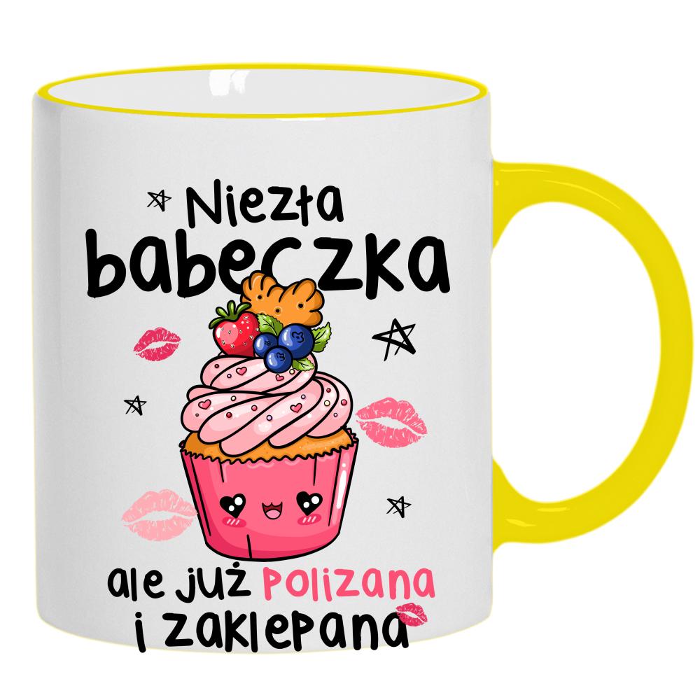 Niezła babeczka, ale już polizana i zaklepana kubek żółty uchwyt i rant kolor czerwony latte