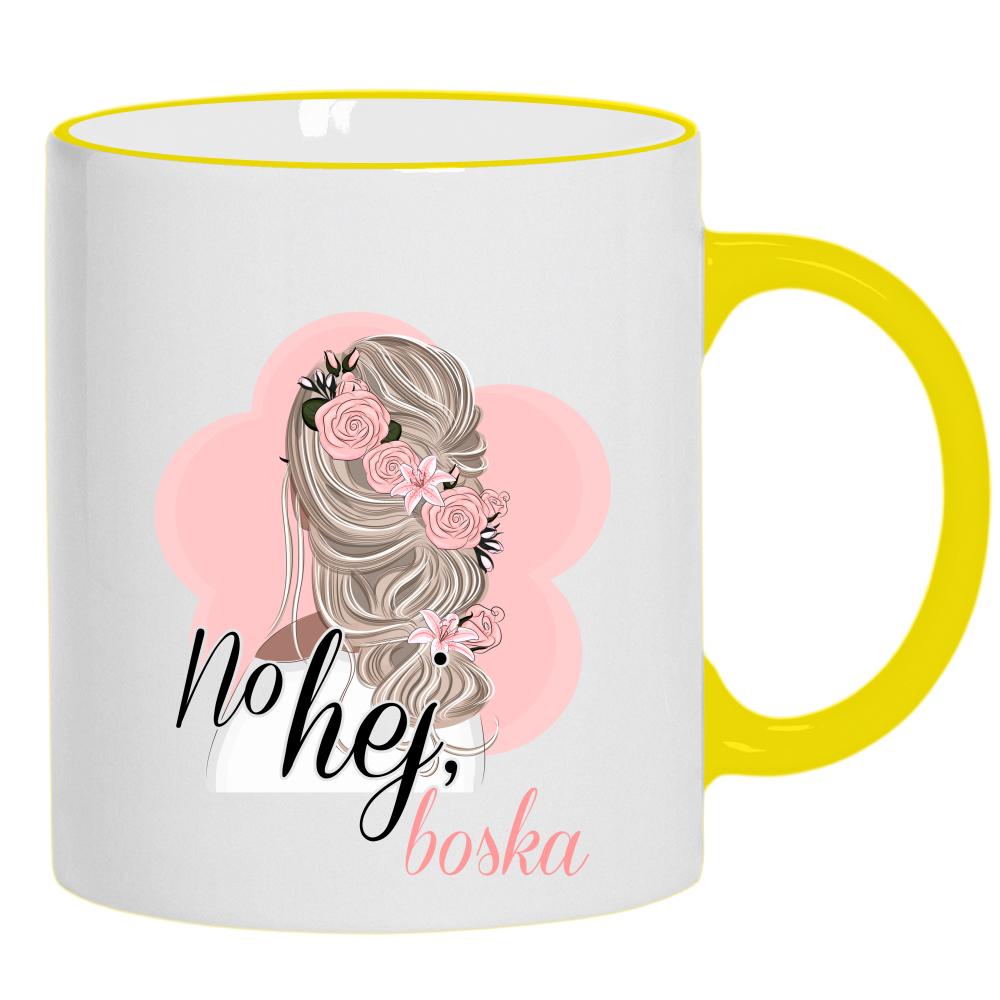 No hej boska kubek żółty uchwyt i rant kolor czerwony latte
