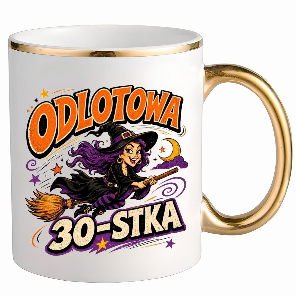 Odlotowa 30-stka kubek ze złotym uchem i rantem kolor różowy