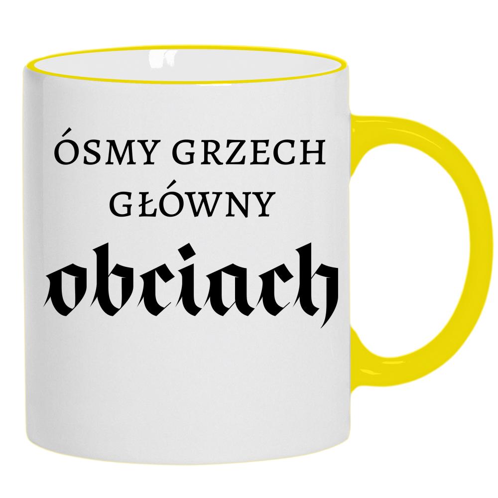 Ósmy grzech główny: obciach kubek żółty uchwyt i rant kolor kremowy
