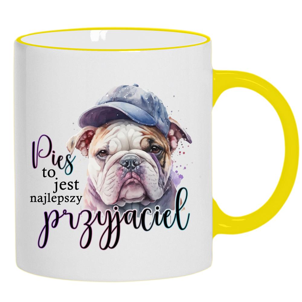 Pies to najlepszy przyjaciel kubek żółty uchwyt i rant kolor biały