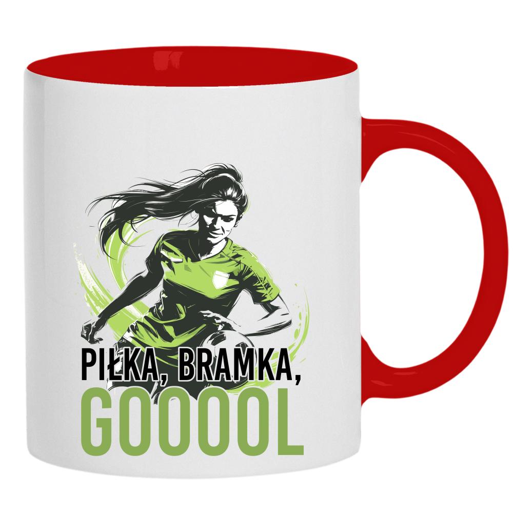 Piłka, bramka, goool kubek ucho kolor kolor czerwony latte