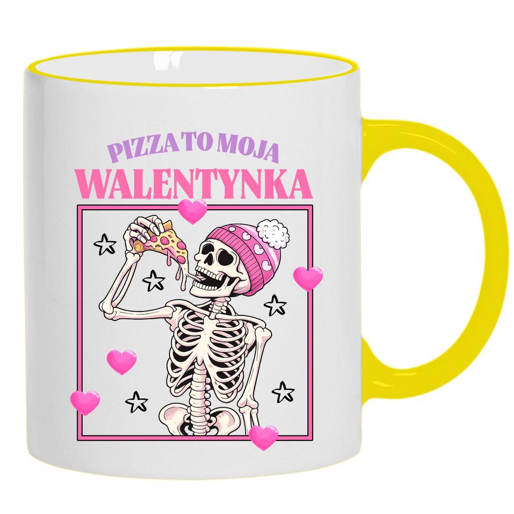 Pizza to moja walentynka kubek żółty uchwyt i rant kolor czarnyy