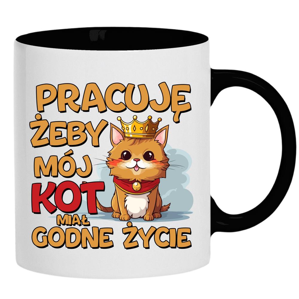 Pracuję, żeby mój kot miał godne życie kubek ucho kolor kolor czarnyy