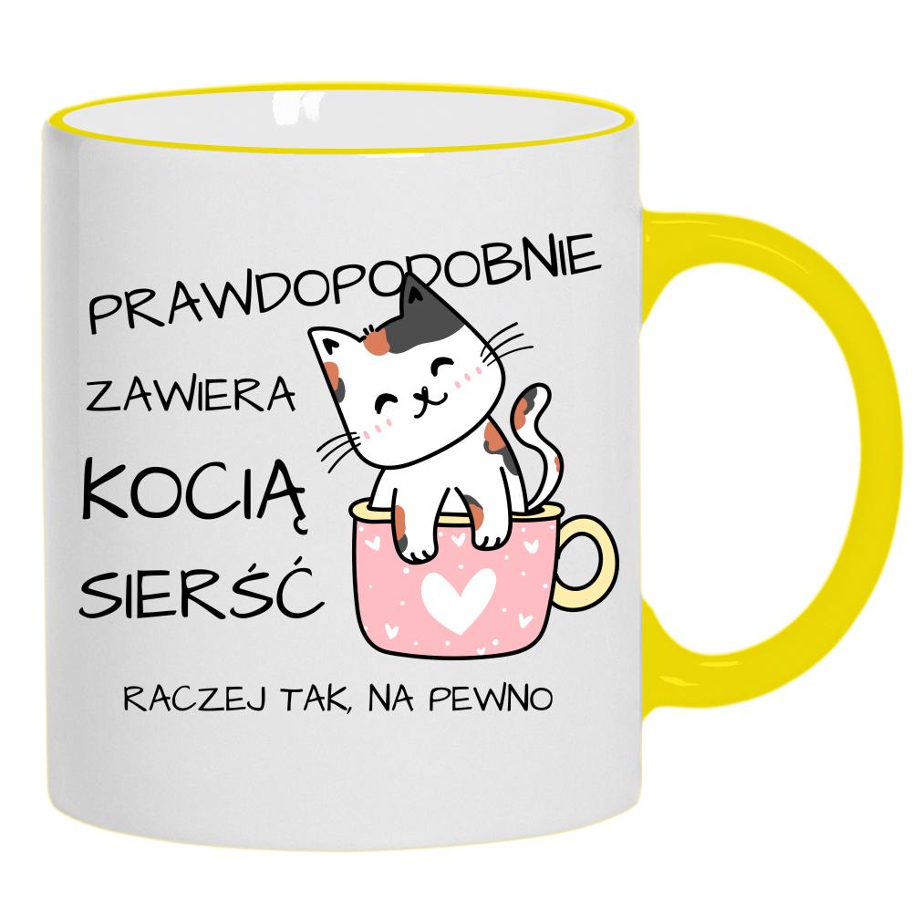 Prawdopodobnie zawiera kocią sierść Raczej tak kubek żółty uchwyt i rant kolor pink