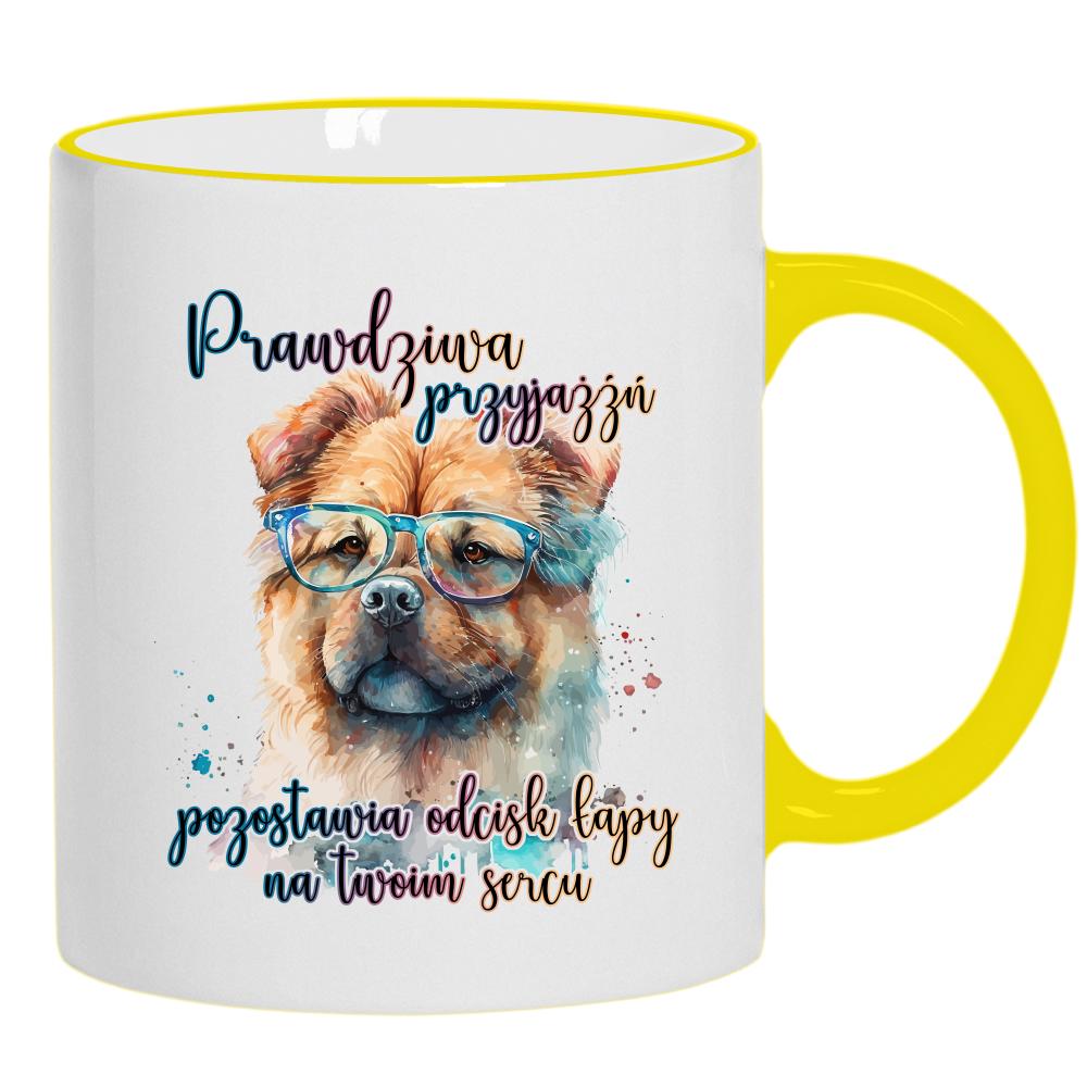 Prawdziwa przyjaźń pozostawia odcisk łapy kubek żółty uchwyt i rant kolor czerwony latte