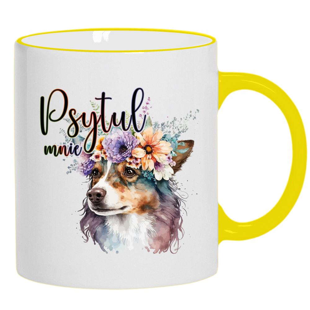 Przytul mnie kubek żółty uchwyt i rant kolor czerwony latte