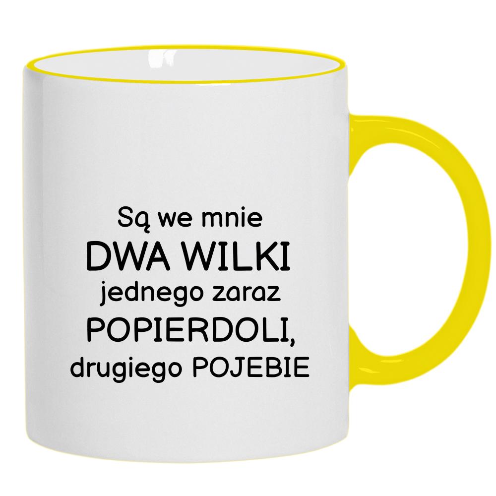 Są we mnie dwa wilki kubek żółty uchwyt i rant kolor żółtyy