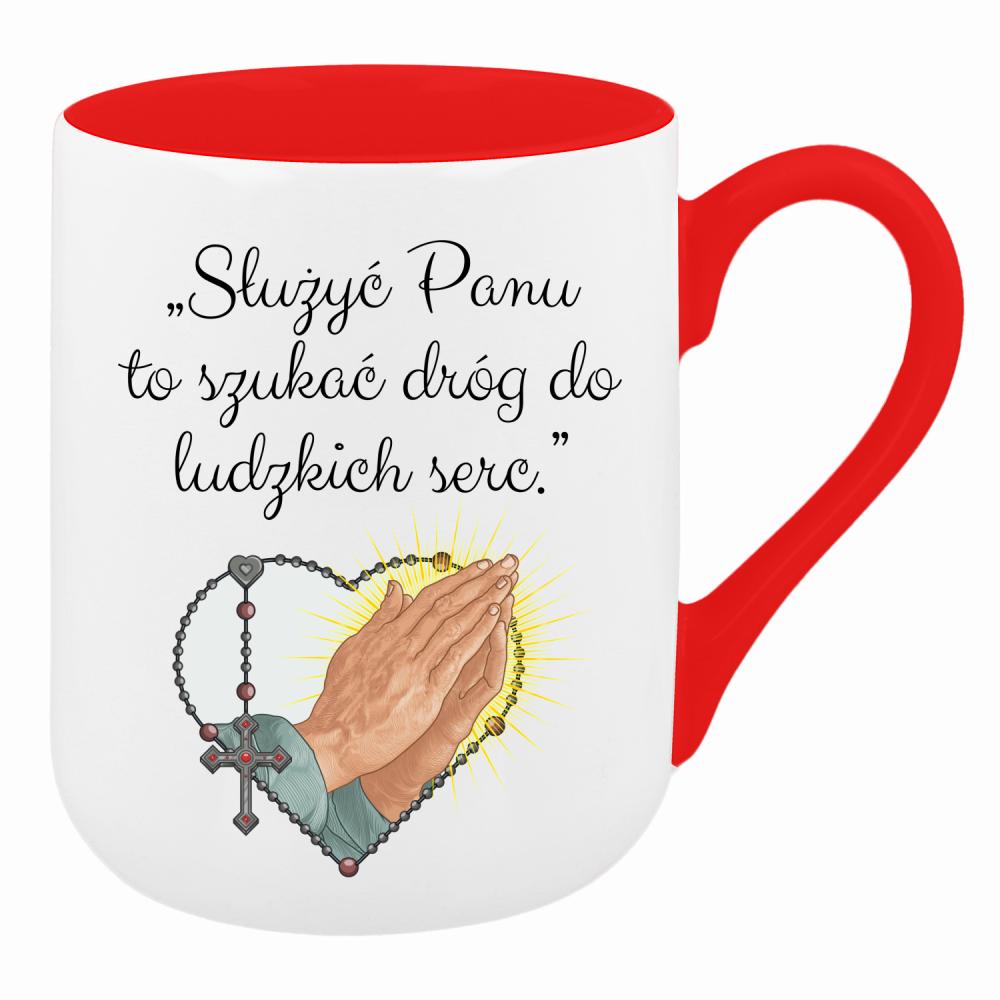Służyć Panu to szukać dróg do ludzkich serc kubek coffee kolor czerwony latte
