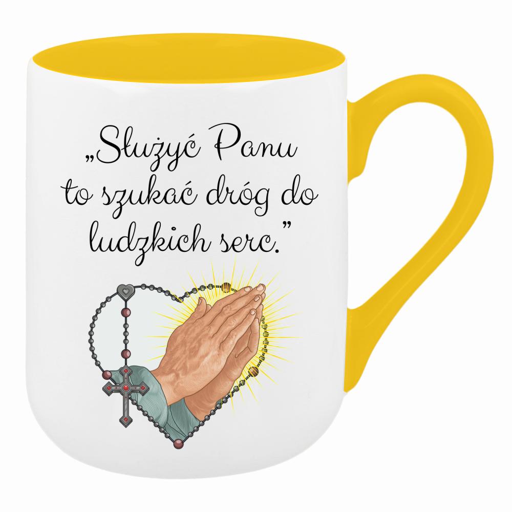 Służyć Panu to szukać dróg do ludzkich serc kubek coffee kolor żółty