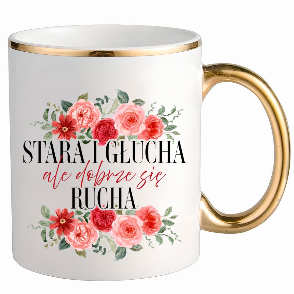 Stara i głucha, ale dobrze się rucha kubek ze złotym uchem i rantem kolor żółtyy