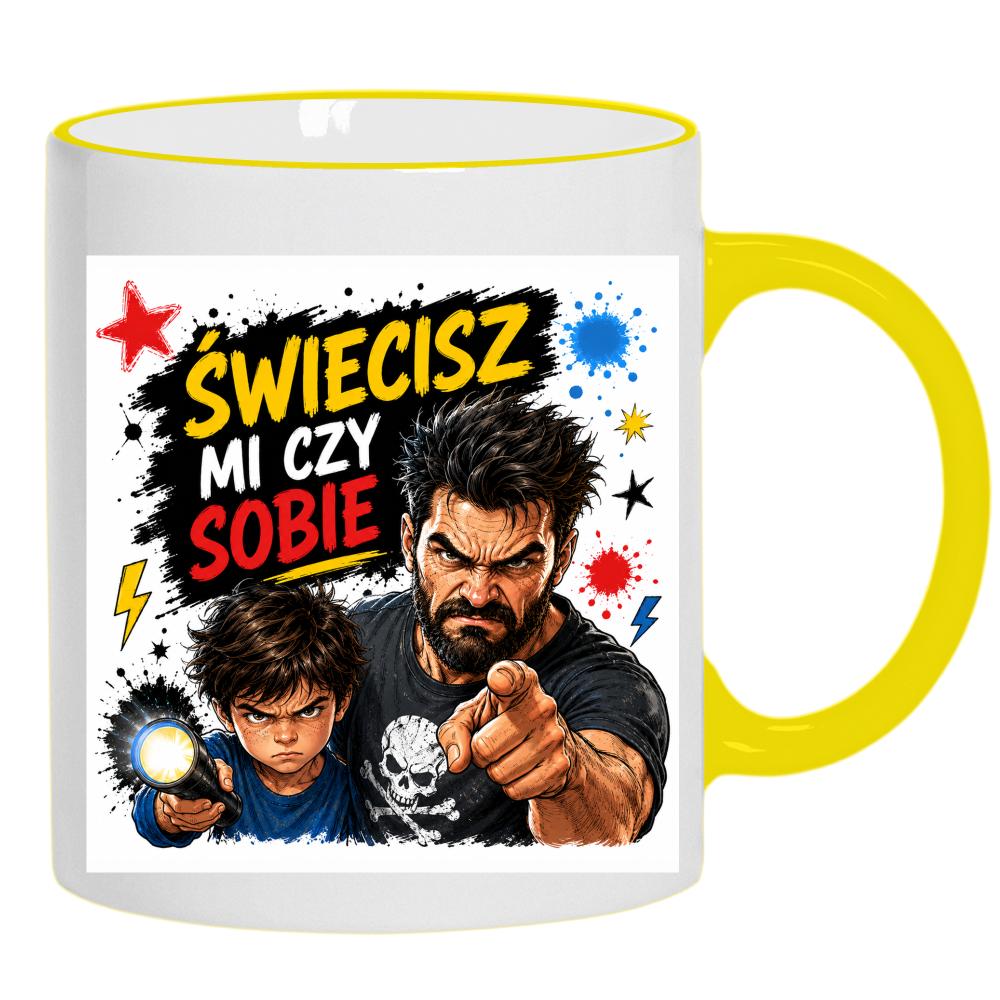 Świecisz mi czy sobie? kubek żółty uchwyt i rant kolor serce niebieski