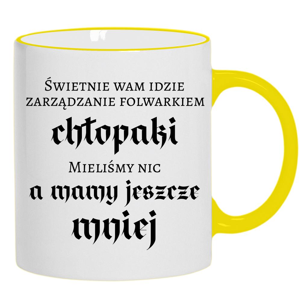 Świetnie wam idzie zarządzanie folwarkiem kubek żółty uchwyt i rant kolor czerwony latte