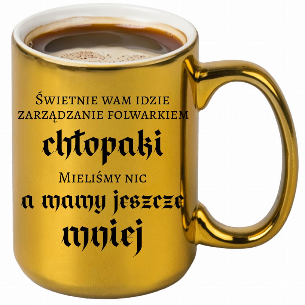 Świetnie wam idzie zarządzanie folwarkiem kubek złoty kolor pastelowy fiolet