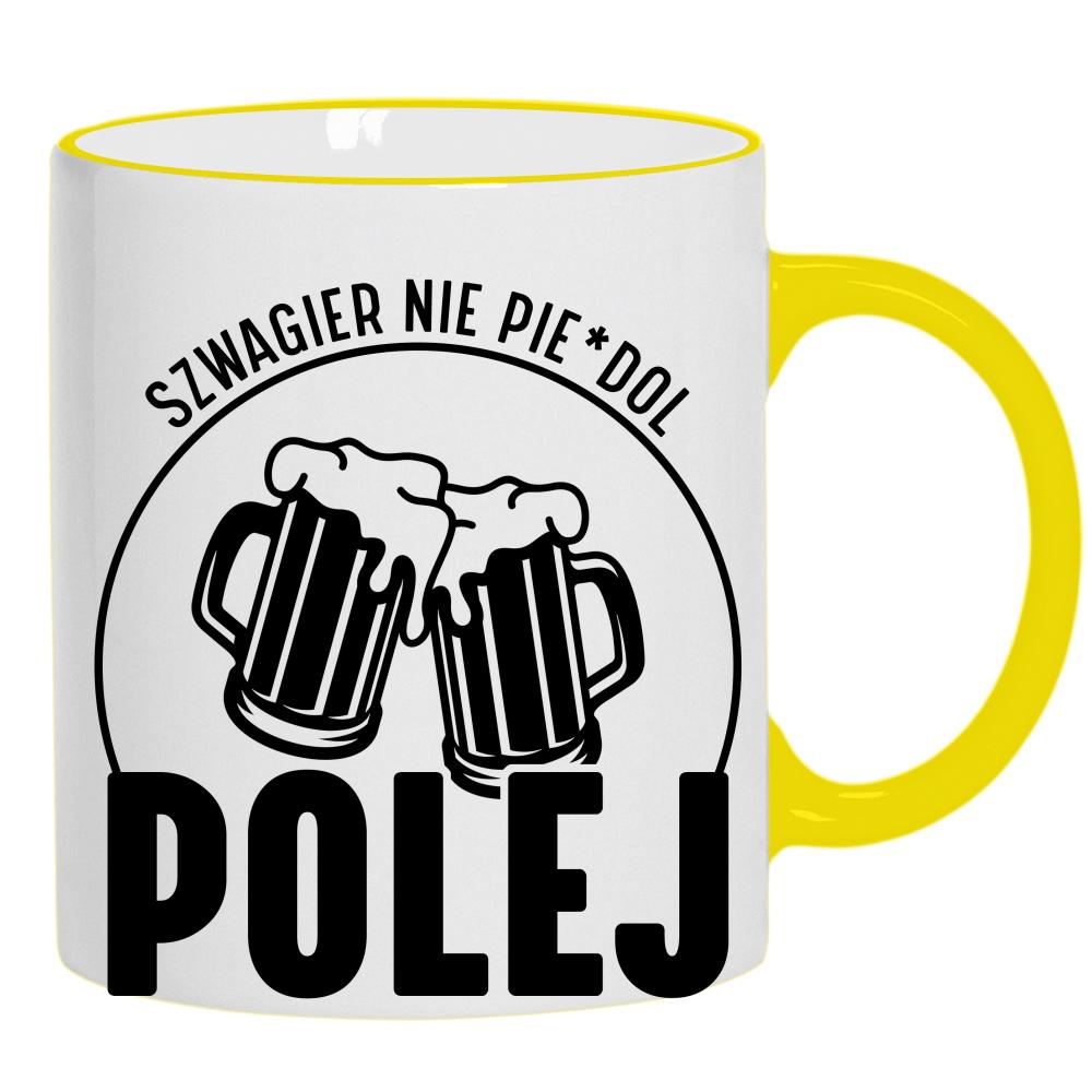 SZWAGIER NIE PIE*DOL POLEJ kubek żółty uchwyt i rant kolor czerwony latte