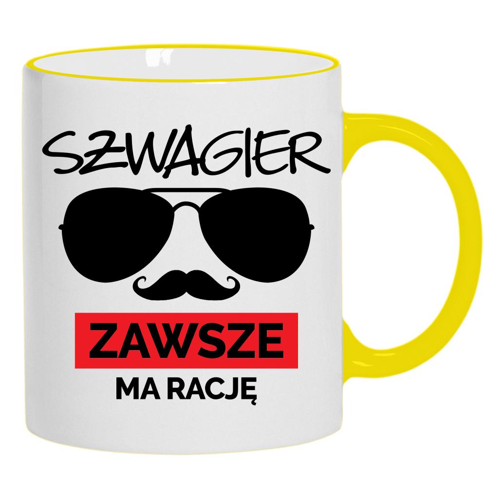 SZWAGIER ZAWSZE MA RACJĘ 1 kubek żółty uchwyt i rant kolor limonka