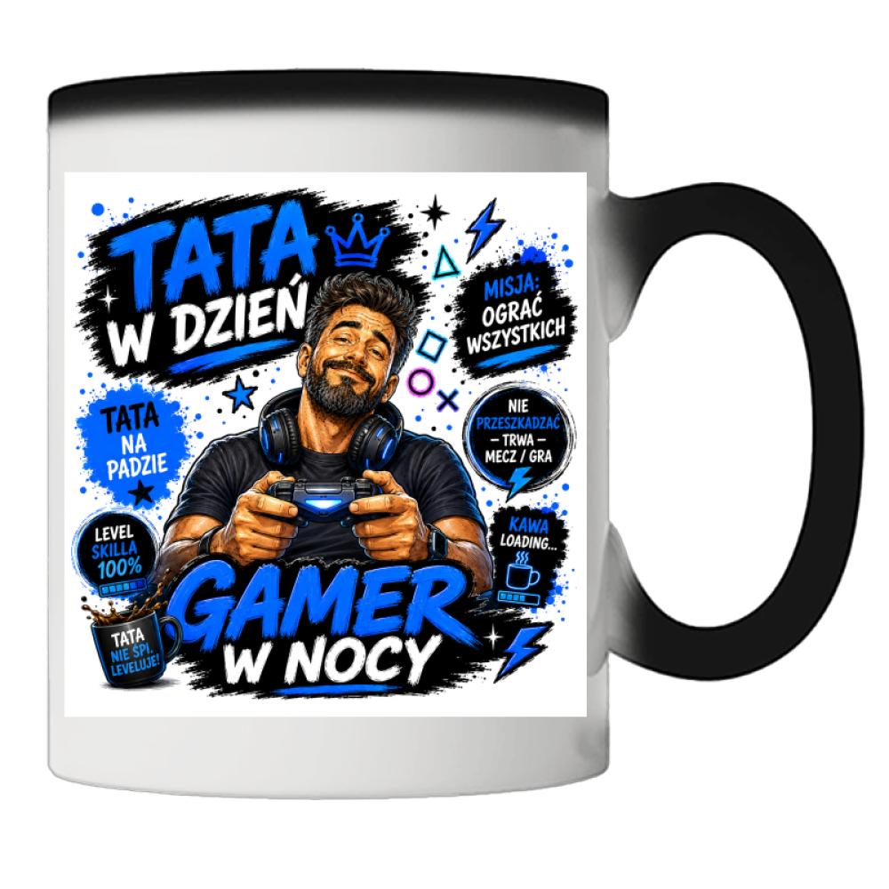 Tata w dzień, gamer w nocy kubek magiczny kolor serce niebieski