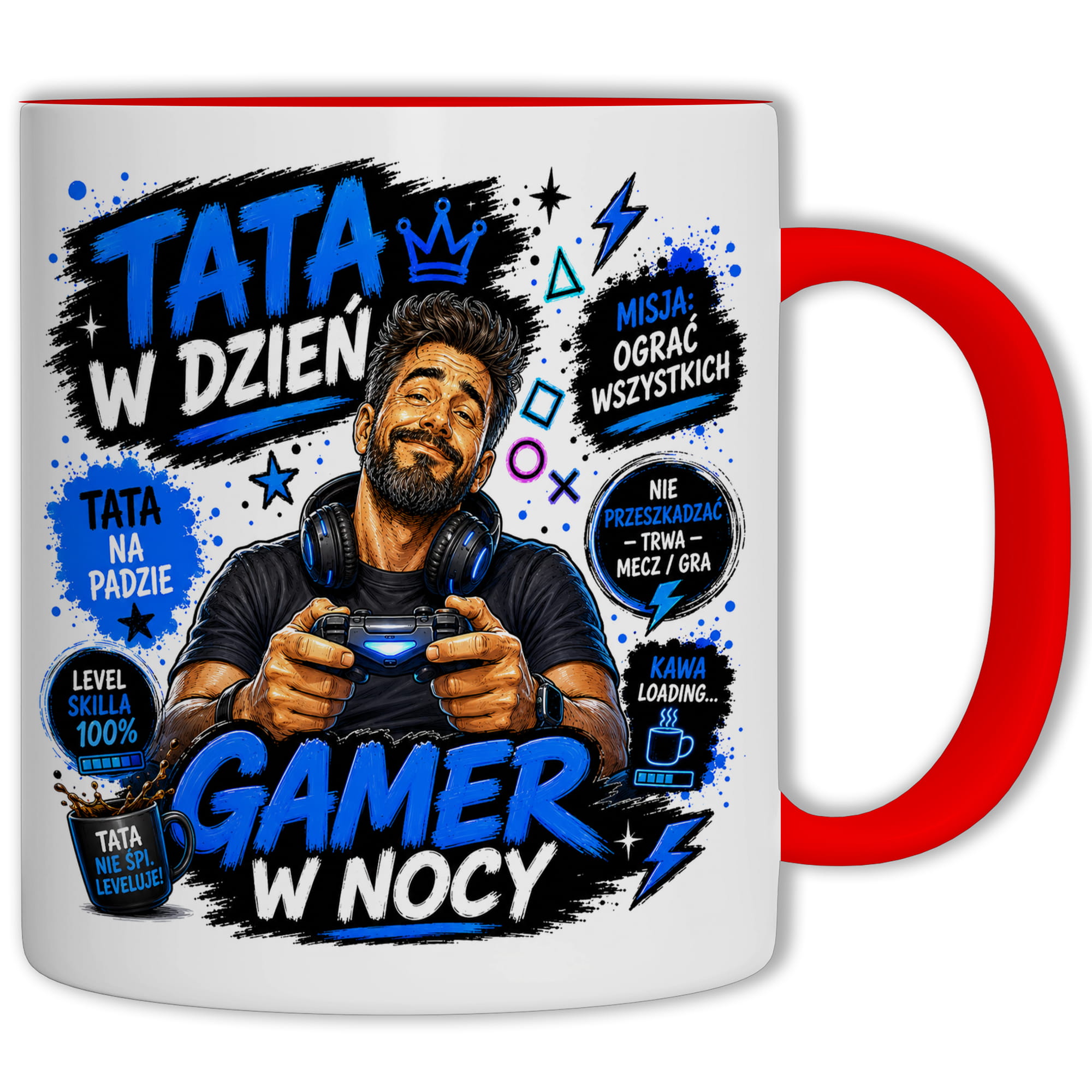 Tata w dzień, gamer w nocy kubek ucho kolor kolor czerwony